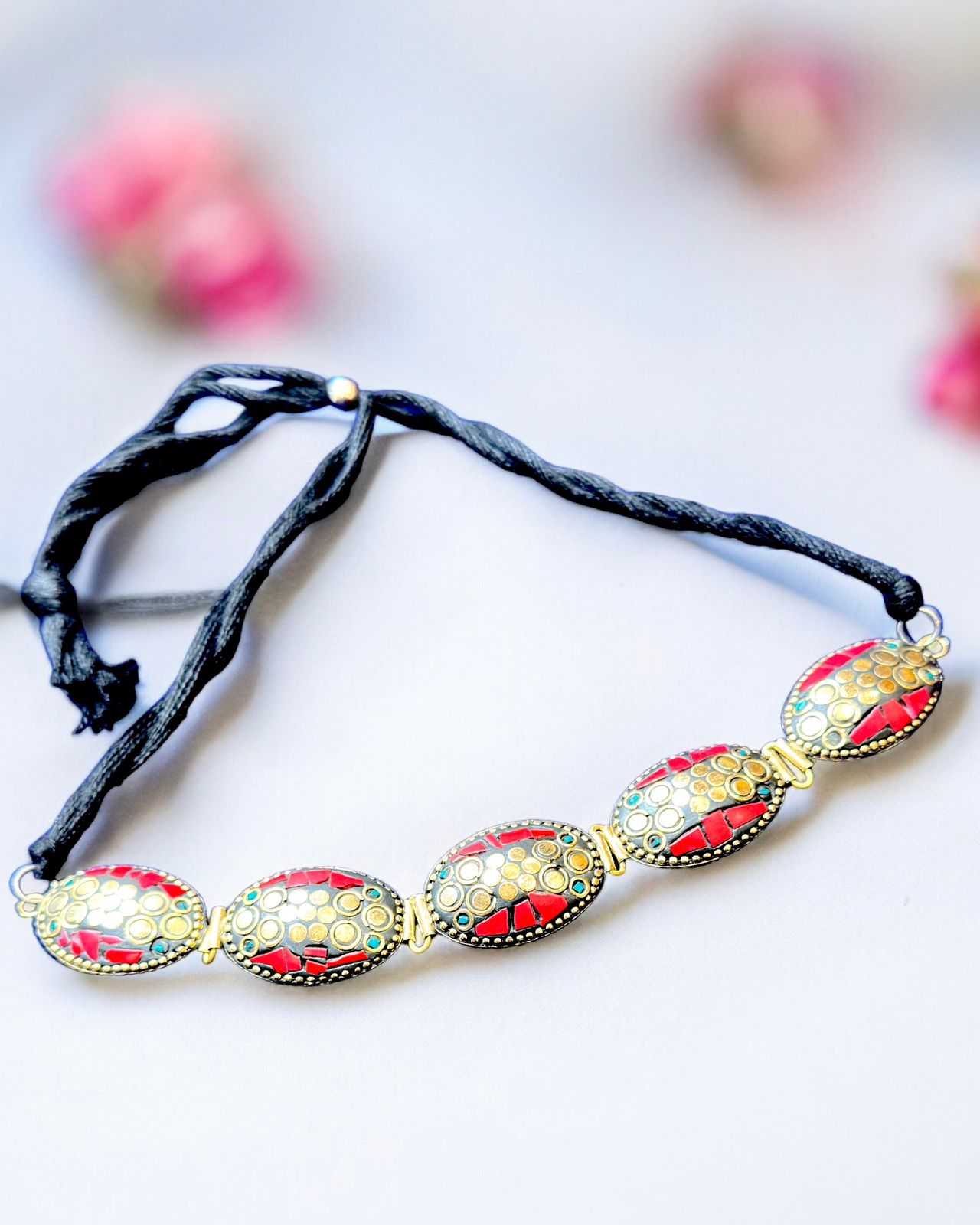 Boho Style Tibetan Laq Golden and Red Colour Choker Necklace