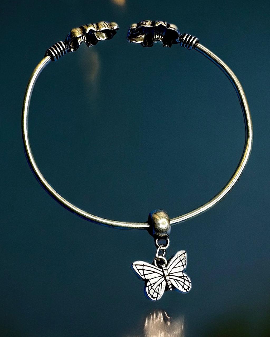 Adjustable Oxidised Elephant Bracelet with Butterfly Charm