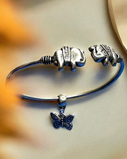 Adjustable Oxidised Elephant Bracelet with Butterfly Charm