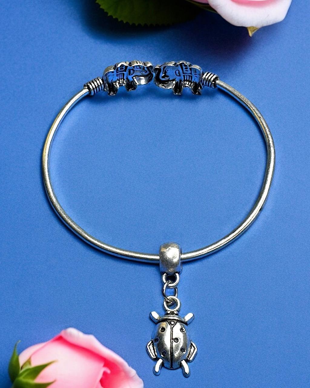 Adjustable Oxidised Elephant Bracelet with Beetle Charm