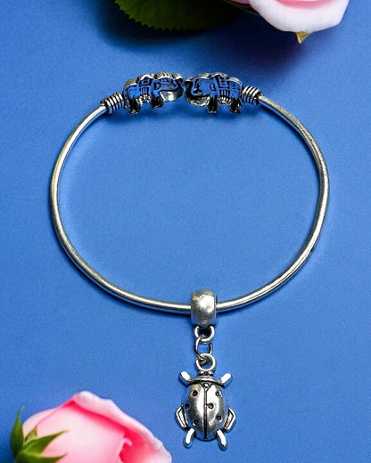 Adjustable Oxidised Elephant Bracelet with Beetle Charm