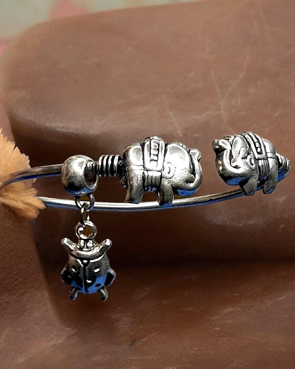 Adjustable Oxidised Elephant Bracelet with Beetle Charm