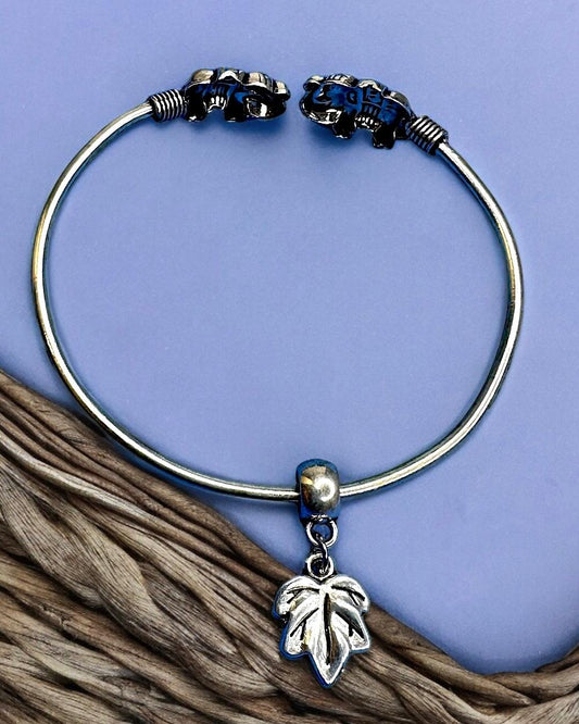 Adjustable Oxidised Elephant Bracelet with Maple Leaf Charm