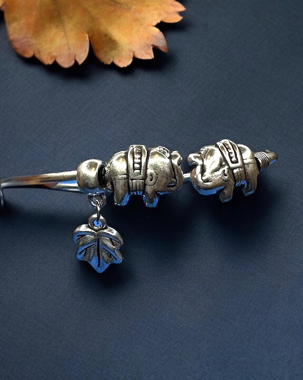 Adjustable Oxidised Elephant Bracelet with Maple Leaf Charm