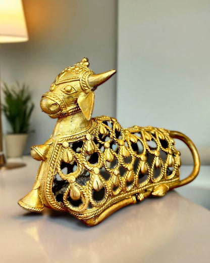 Pure Brass Nandhi, Mohenjo-daro Dhokra Art Sculpture 8.5 inch