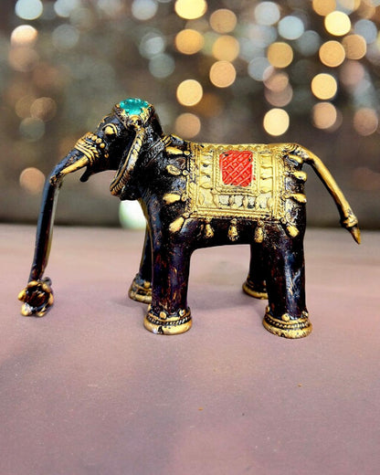 Pure Brass Elephant Sculpture Hand painted Mohenjo-daro Dhokra Art Multicolour 6.5 inch