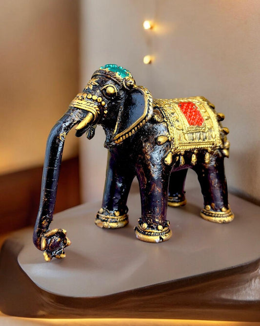 Pure Brass Elephant Sculpture Hand painted Mohenjo-daro Dhokra Art Multicolour 6.5 inch