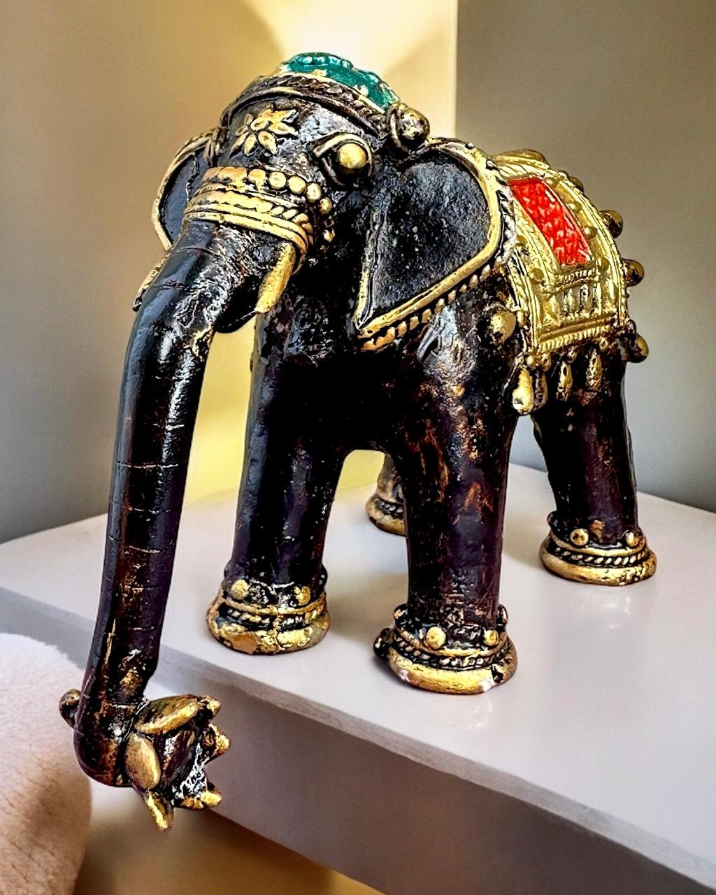 Pure Brass Elephant Sculpture Hand painted Mohenjo-daro Dhokra Art Multicolour 6.5 inch