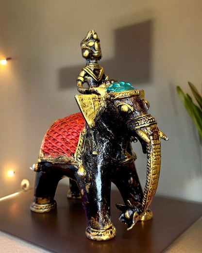 Pure Brass Elephant Mohenjo-daro Dhokra Art with Man Sculpture 4.5 inch