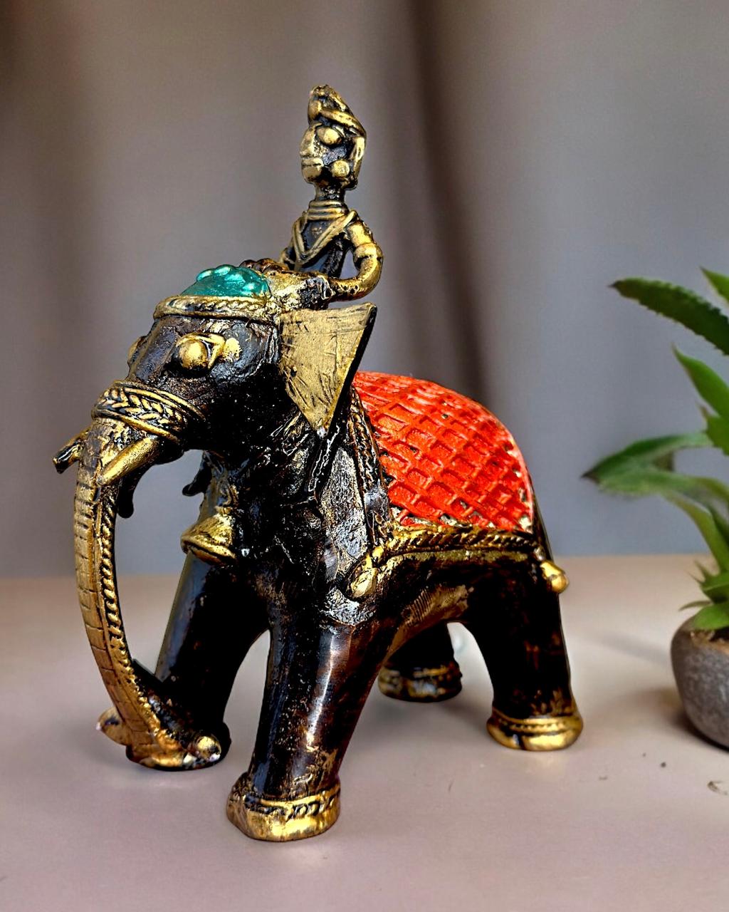 Pure Brass Elephant Mohenjo-daro Dhokra Art with Man Sculpture 4.5 inch