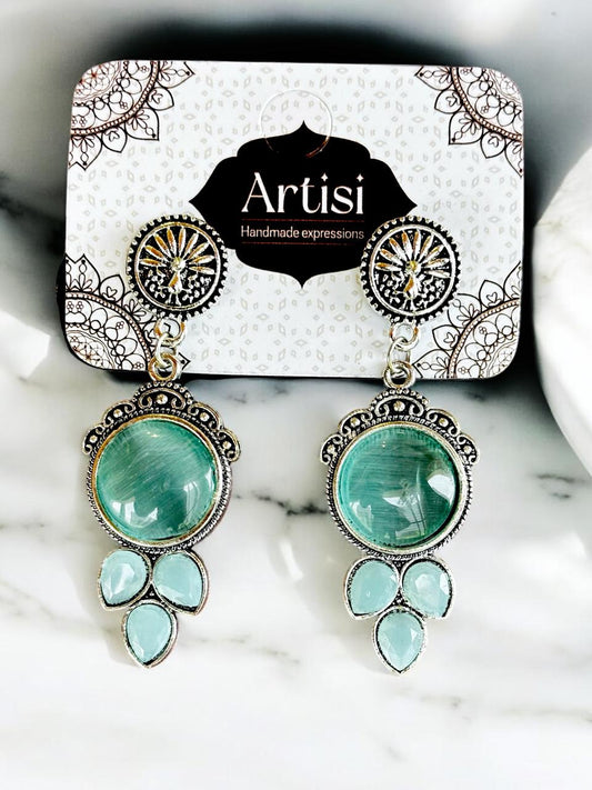 Oxidised Turquoise Stone Hanging Earrings for Women & Girls | Boho Ethnic Dangler Earrings | Handcrafted Lightweight Jewellery for Daily & Festive Wear