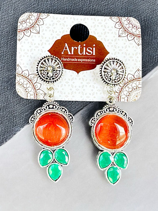 Oxidised Rust & Green Stone Hanging Earrings for Women & Girls | Handcrafted Ethnic Dangler Earrings | Boho Festive Jewellery