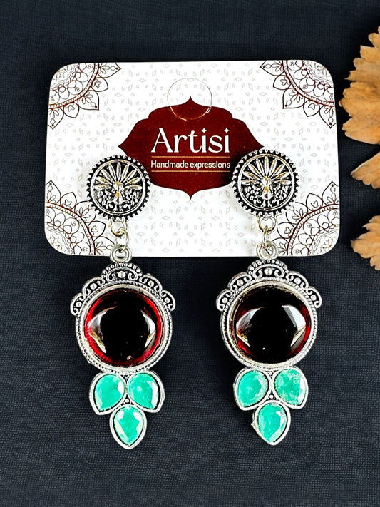 Oxidised Maroon & Green Stone Hanging Earrings for Women & Girls | Boho Ethnic Dangle Earrings | Traditional Partywear Jewellery
