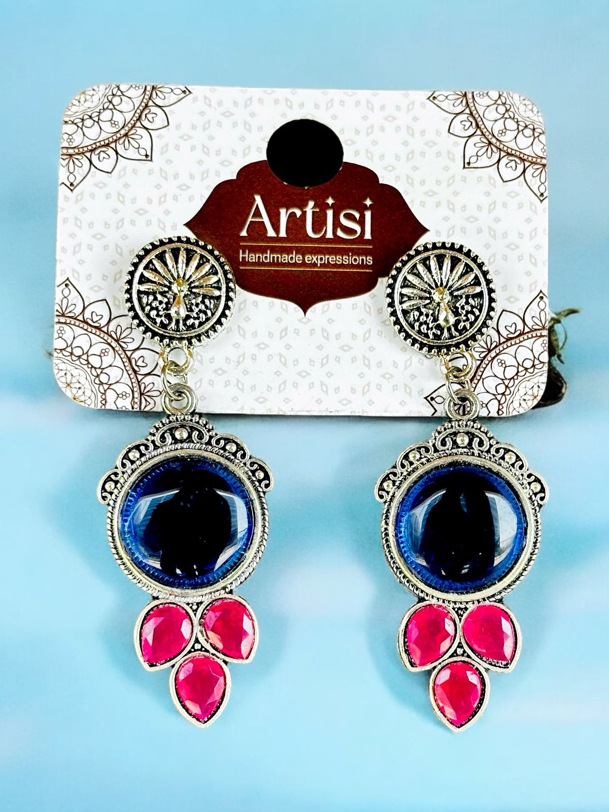 Oxidised Hot Pink & Royal Blue Stone Hanging Earrings for Women & Girls | Ethnic Boho Dangler Earrings | Traditional Partywear Jewellery