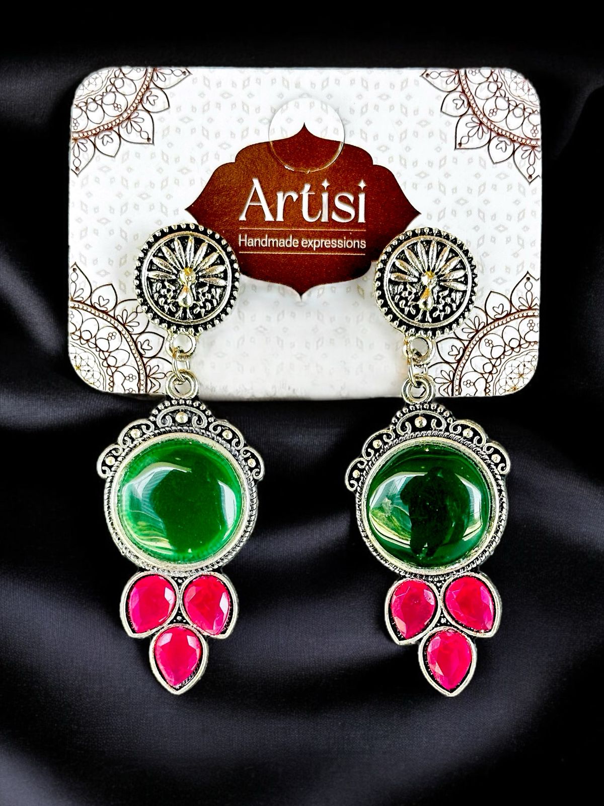 Oxidised Silver Hanging Earrings – Green & Pink Coloured Stones | Handcrafted Ethnic Jewelry for Women
