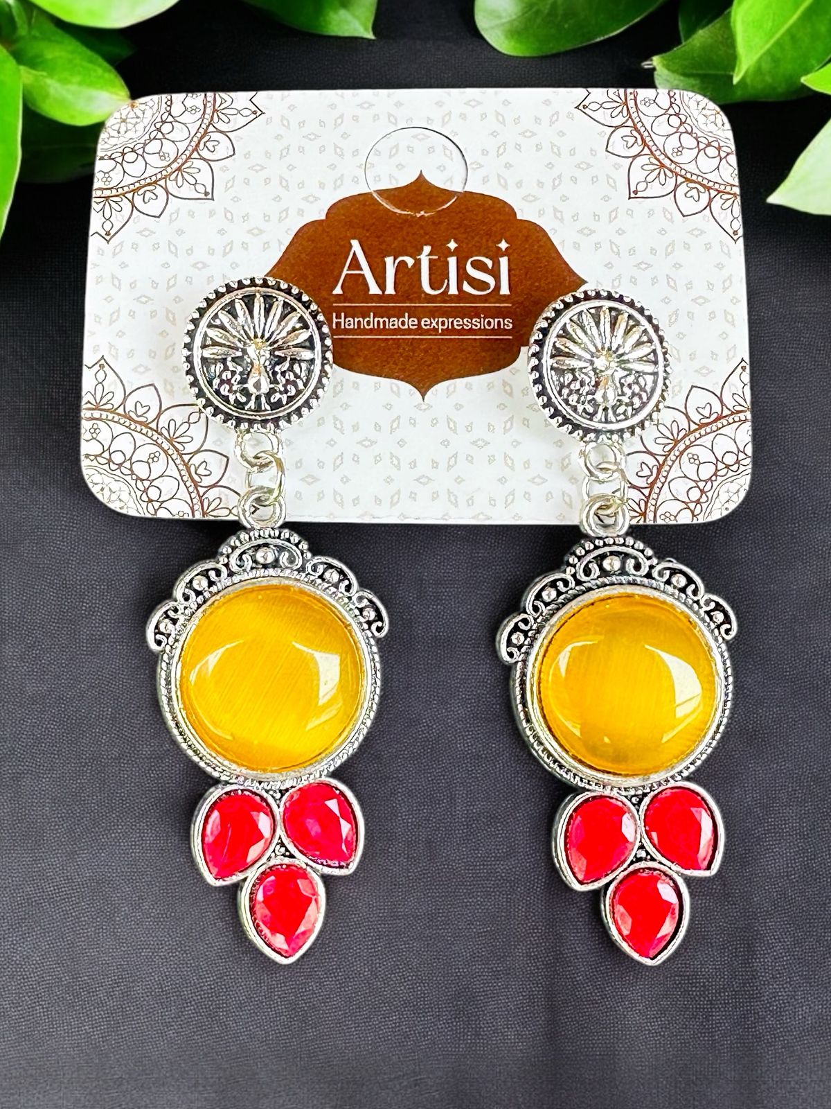 Oxidised Silver Hanging Earrings – Mustard & Hot Pink Stones | Handcrafted Boho Ethnic Jewelry