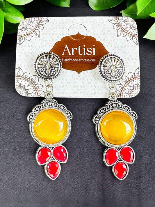 Oxidised Silver Hanging Earrings – Mustard & Hot Pink Stones | Handcrafted Boho Ethnic Jewelry