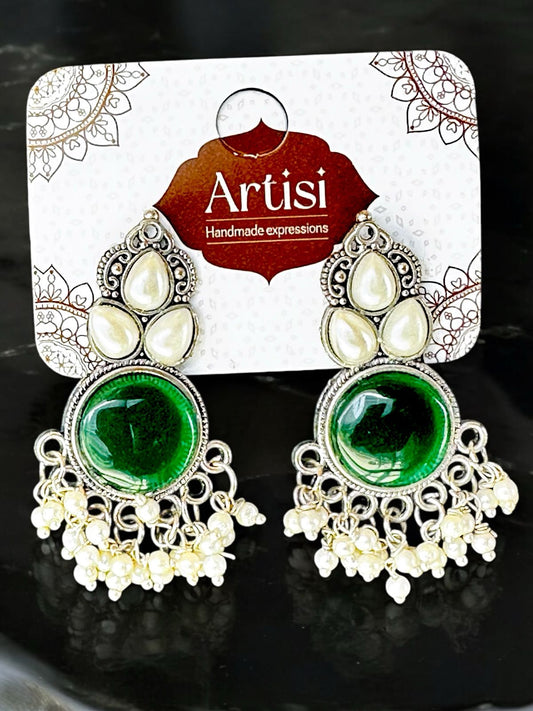 Silver-Toned Pearl & Green Stone Chandelier Earrings – Traditional Design with Pearl Clusters