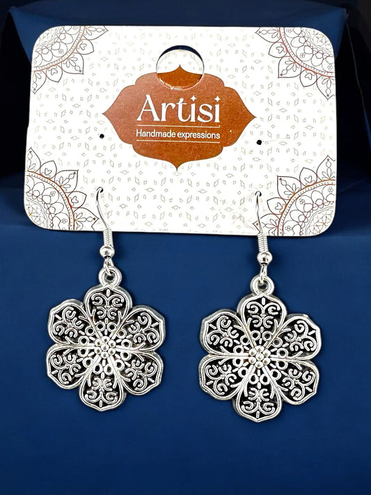Oxidised Silver Flower Drop Earrings – Filigree Dangler Style Handcrafted Ethnic Jewelry for Women