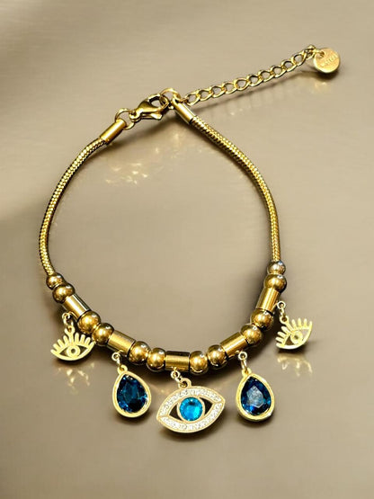 Evil Eye Charm Bracelet for Women | Gold Tone with Blue Stone | Anti-Tarnish Finish | Adjustable Handcrafted Jewelry