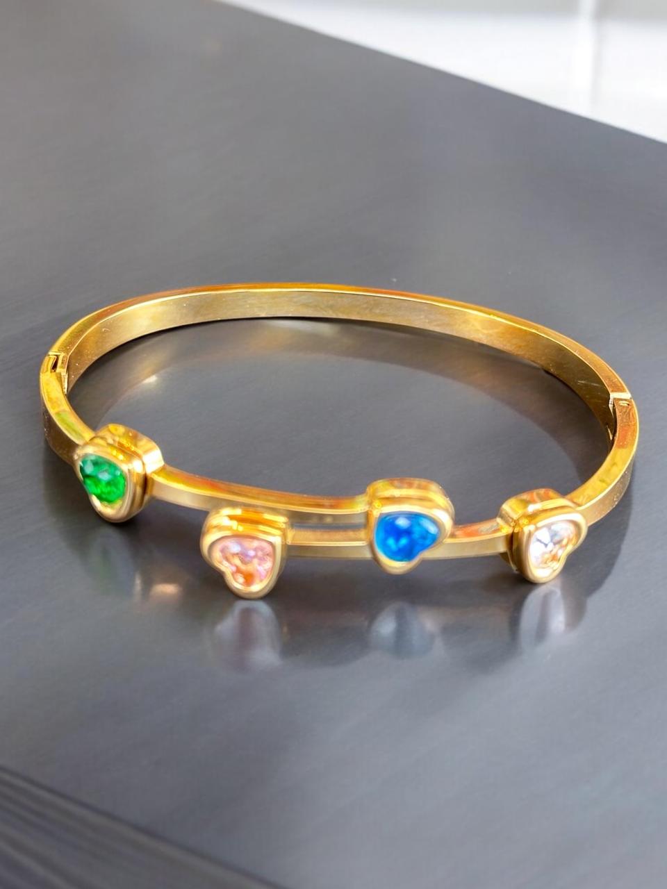 Heart-Shaped Multicolor Stones Bracelet for Women | Gold Tone | Anti-Tarnish Finish | Adjustable Handcrafted Jewelry