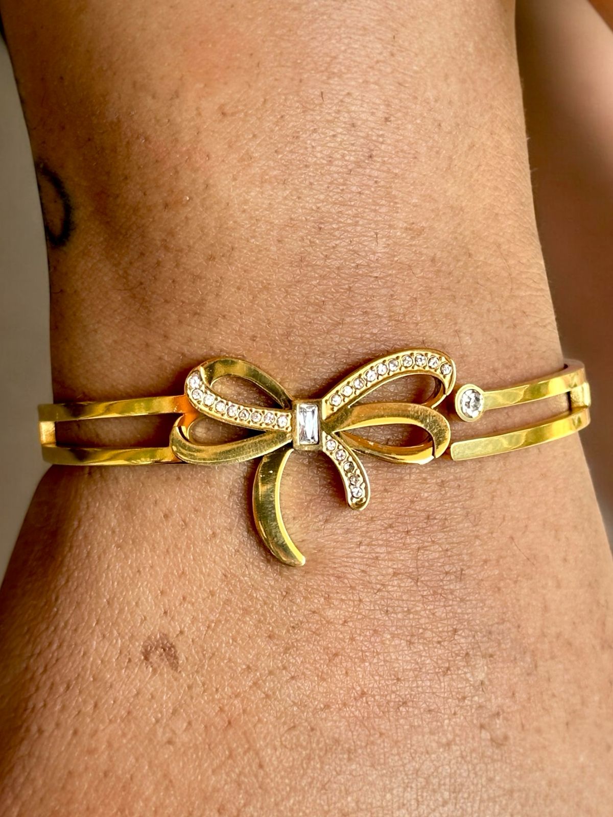 Bow-Shaped Bracelet for Women | Gold Tone with Stones | Anti-Tarnish Finish | Adjustable Handcrafted Jewelry