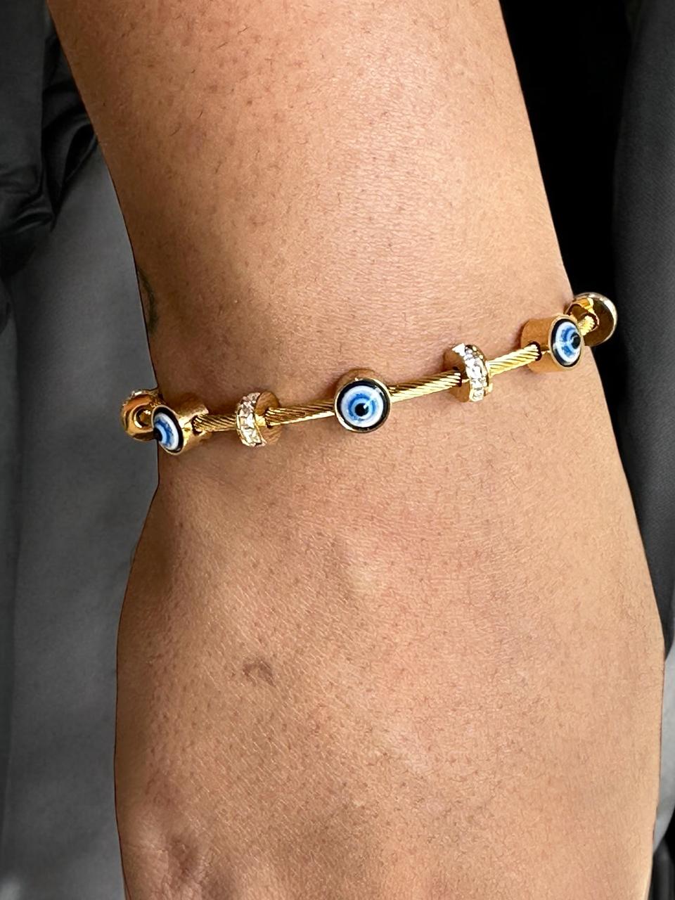 Evil Eye Bracelet for Women | Gold Tone | Anti-Tarnish Finish | Adjustable Protection Charm Jewelry