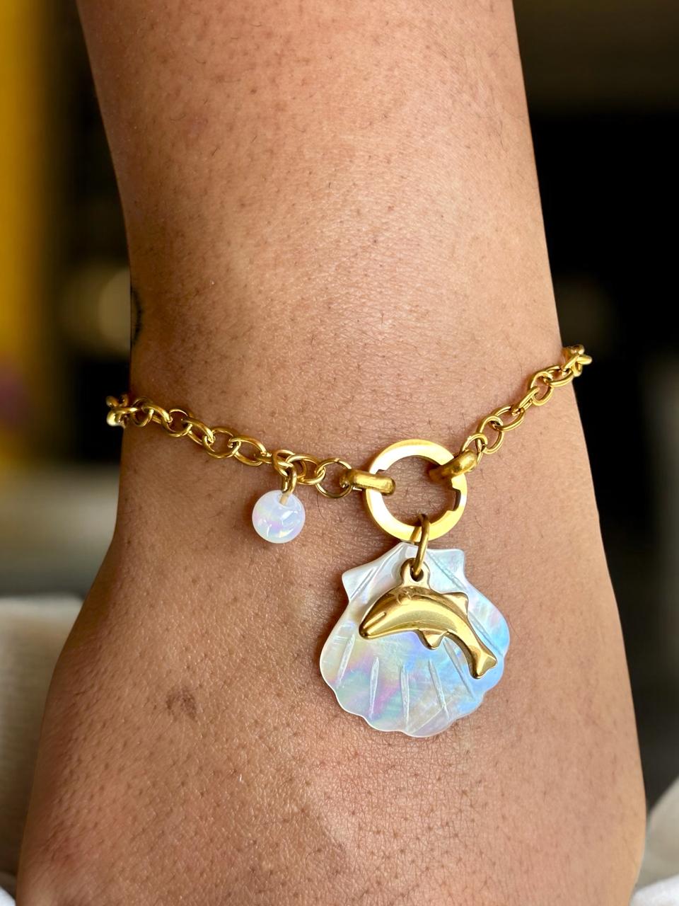 Dolphin & Mother of Pearl Charm Bracelet for Women | Gold Tone | Anti-Tarnish Finish | Adjustable Handcrafted Jewelry