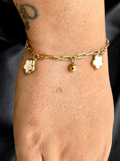 Mother of Pearl Charm Bracelet for Women | Gold Tone | Anti-Tarnish Finish | Adjustable Handcrafted Jewelry