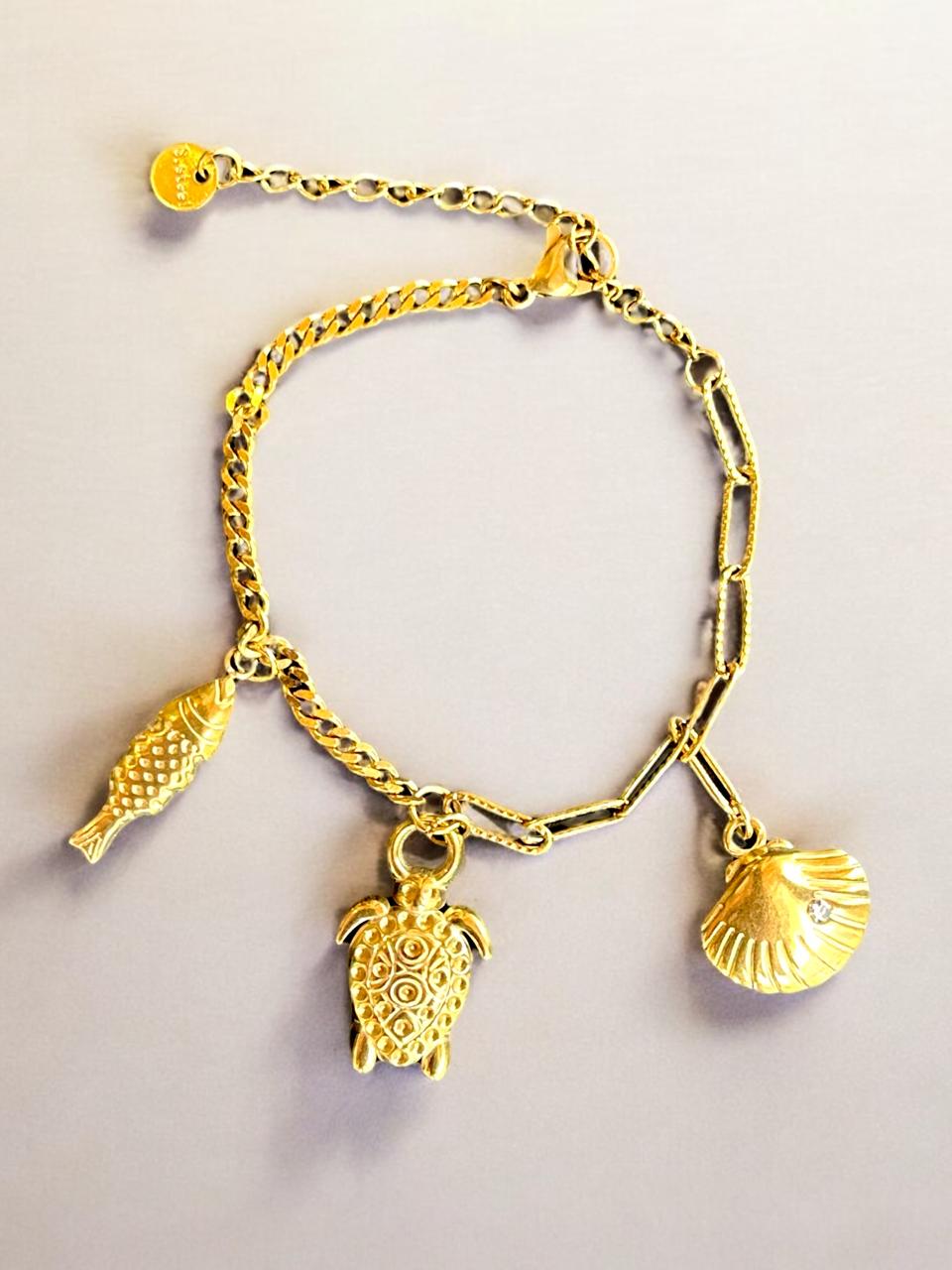 Ocean Charm Bracelet for Women | Fish, Shell & Turtle Charms | Gold Tone | Anti-Tarnish Finish | Adjustable Handcrafted Jewelry
