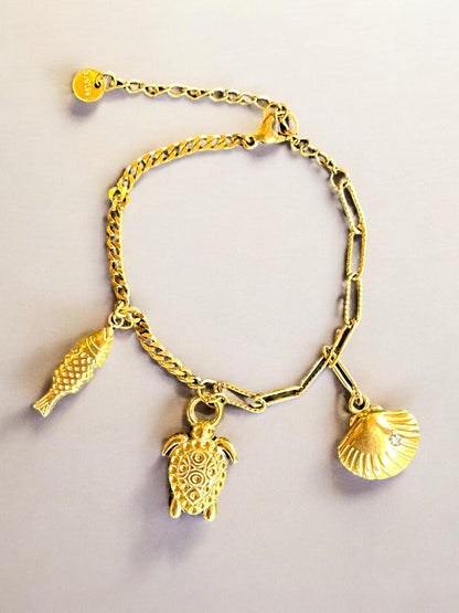 Ocean Charm Bracelet for Women | Fish, Shell & Turtle Charms | Gold Tone | Anti-Tarnish Finish | Adjustable Handcrafted Jewelry