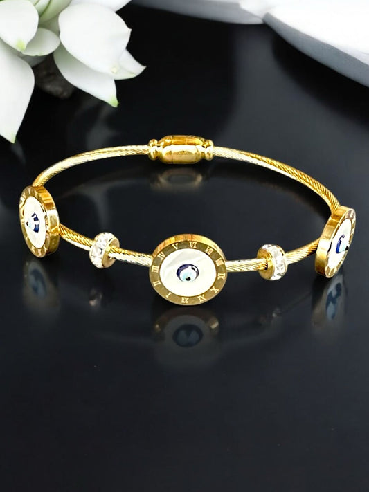 Evil Eye Bracelet with Mother of Pearl | Gold Tone | Anti-Tarnish Finish | Adjustable Handcrafted Women’s Jewelry
