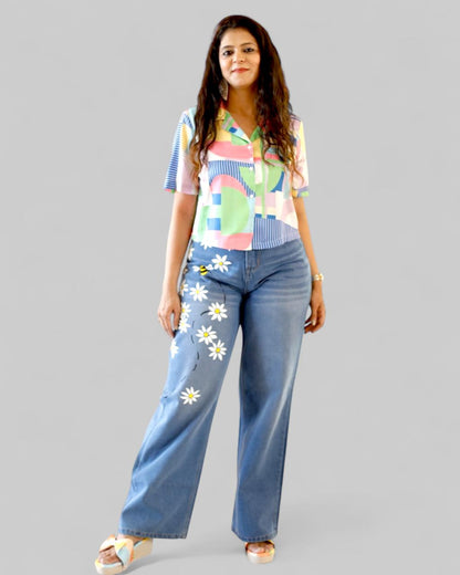 Wide Leg Denim Jeans with Daisy and Bee Hand Painted, High Waist, Light Blue