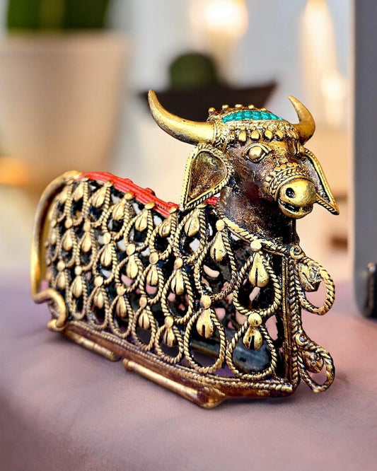 Pure Brass Nandhi Red and Green Antique Finish Mohenjo-daro Dhokra Art Sculpture 9.5 inch