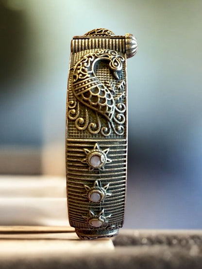 Handcrafted Antique Finish Peacock Bracelet with Stones – Ethnic Oxidised Brass Jewelry for Women