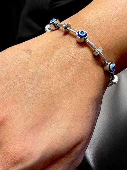 Evil Eye Bracelet in Silver Tone | Anti-Tarnish Finish | Adjustable Unisex Protection Charm Jewelry