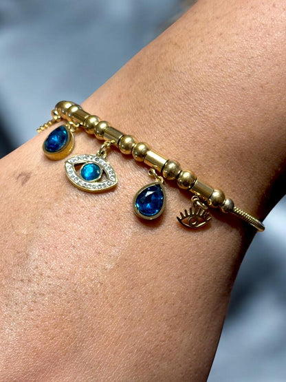 Evil Eye Charm Bracelet for Women | Gold Tone with Blue Stone | Anti-Tarnish Finish | Adjustable Handcrafted Jewelry