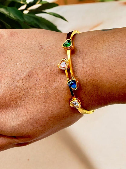 Heart-Shaped Multicolor Stones Bracelet for Women | Gold Tone | Anti-Tarnish Finish | Adjustable Handcrafted Jewelry