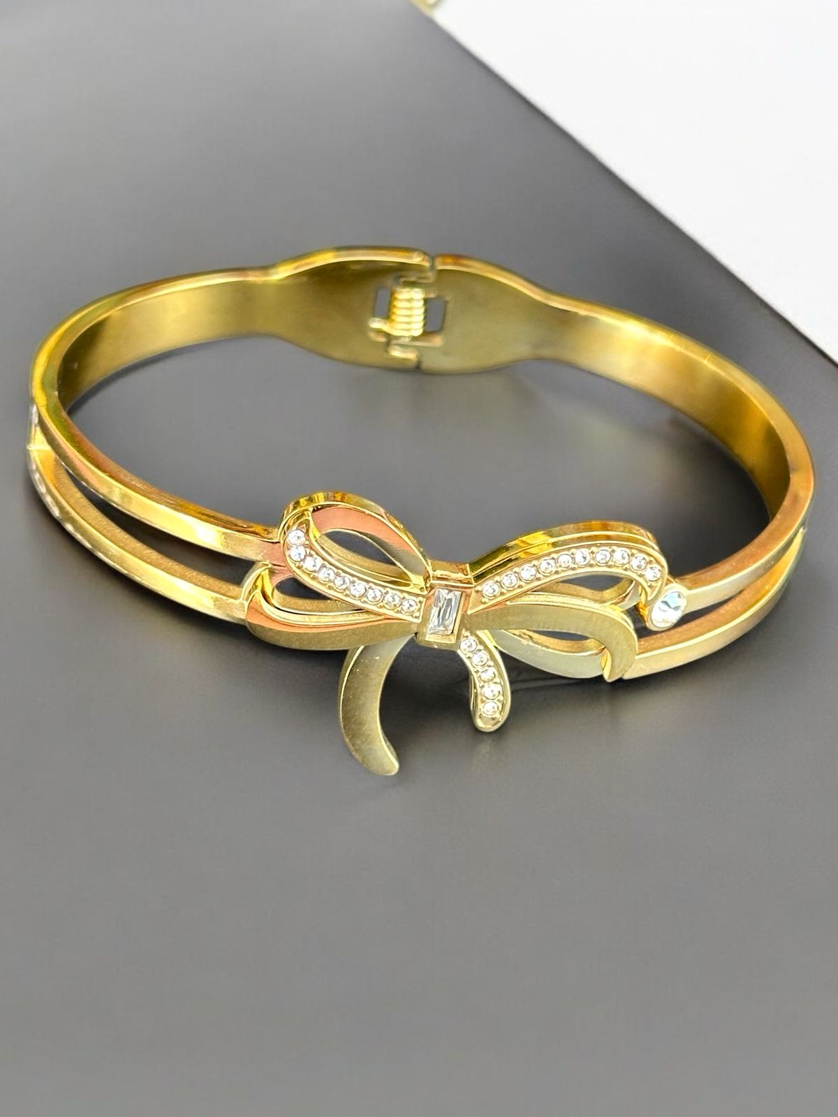 Bow-Shaped Bracelet for Women | Gold Tone with Stones | Anti-Tarnish Finish | Adjustable Handcrafted Jewelry