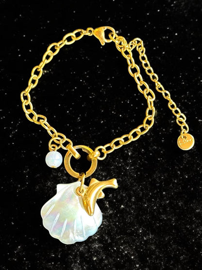 Dolphin & Mother of Pearl Charm Bracelet for Women | Gold Tone | Anti-Tarnish Finish | Adjustable Handcrafted Jewelry