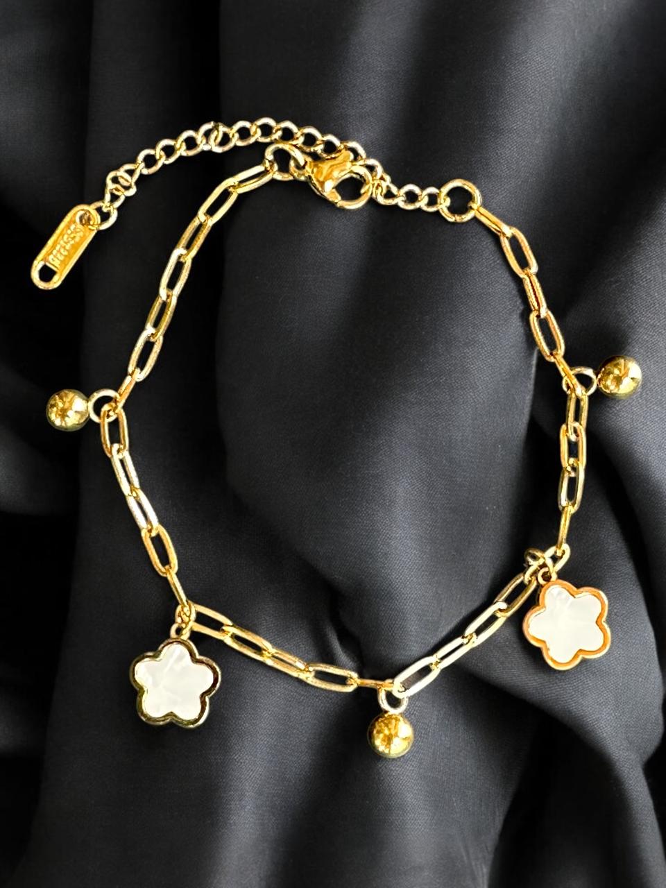 Mother of Pearl Charm Bracelet for Women | Gold Tone | Anti-Tarnish Finish | Adjustable Handcrafted Jewelry