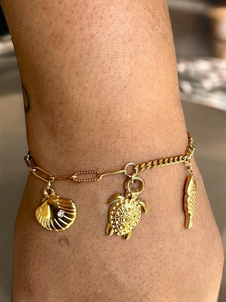 Ocean Charm Bracelet for Women | Fish, Shell & Turtle Charms | Gold Tone | Anti-Tarnish Finish | Adjustable Handcrafted Jewelry