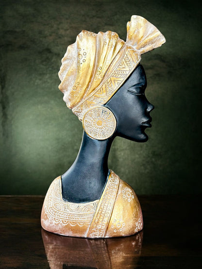 Regal African Lady Decor – 10-inch Resin Figurine (Golden Finish)