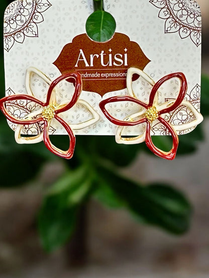 Maroon & White Flower Stud Earrings | Gold Tone | Anti-Tarnish Finish | Elegant Handcrafted Jewelry for Women