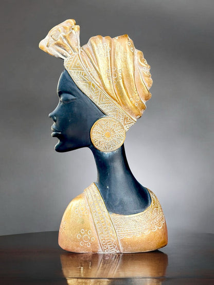 Regal African Lady Decor – 10-inch Resin Figurine (Golden Finish)