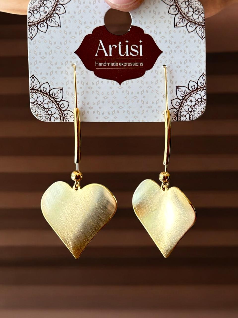 Gold-Plated Heart Drop Dangle Earrings | Brushed Metal Finish | Long Hook Design