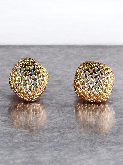 Gold-Toned Mesh Dome Stud Earrings | Textured Round Design | Handmade Fashion Jewellery