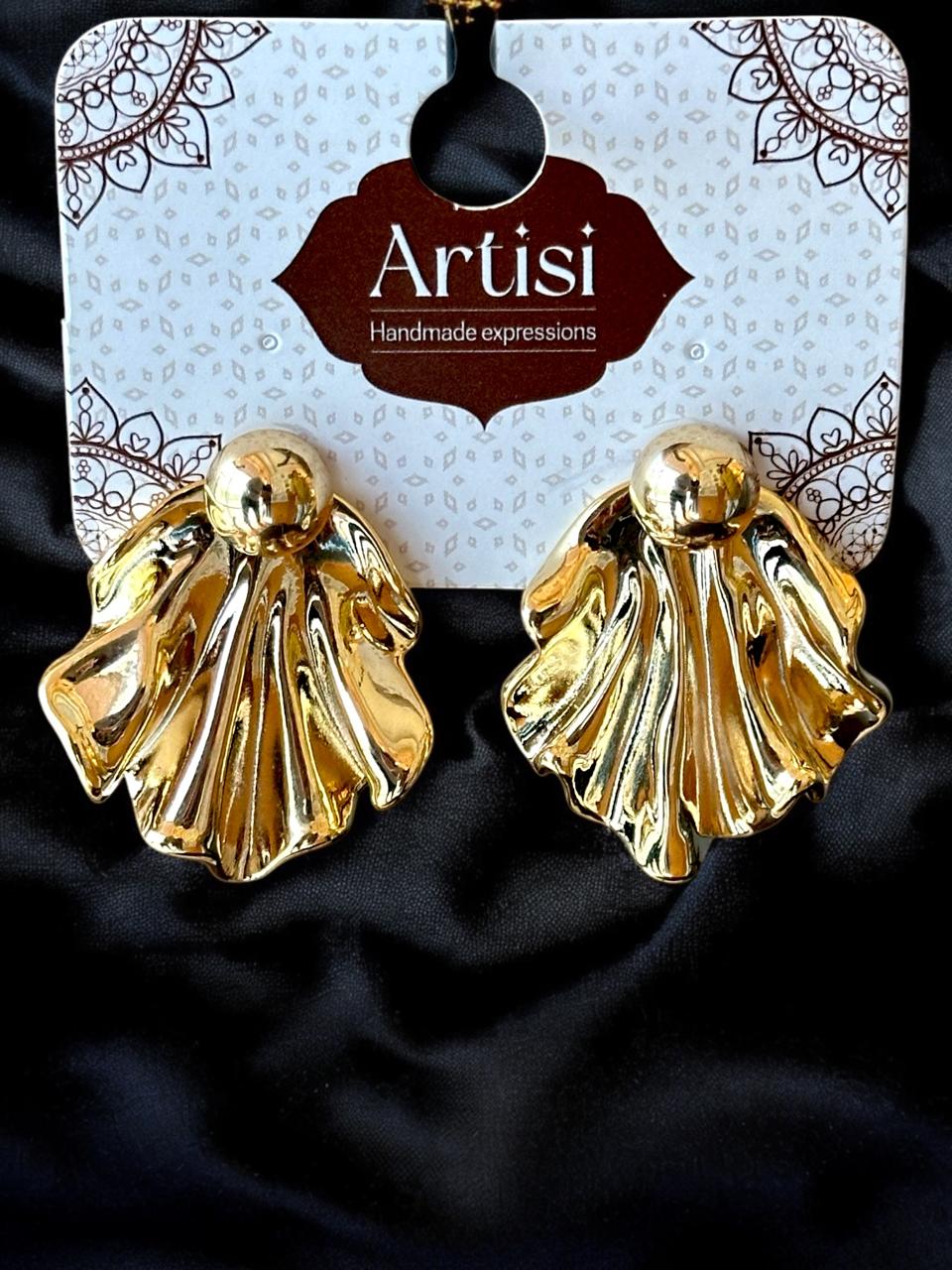 Gold-Toned Shell Design Statement Stud Earrings | Handmade Fashion Jewellery | Textured Coastal-Inspired Look