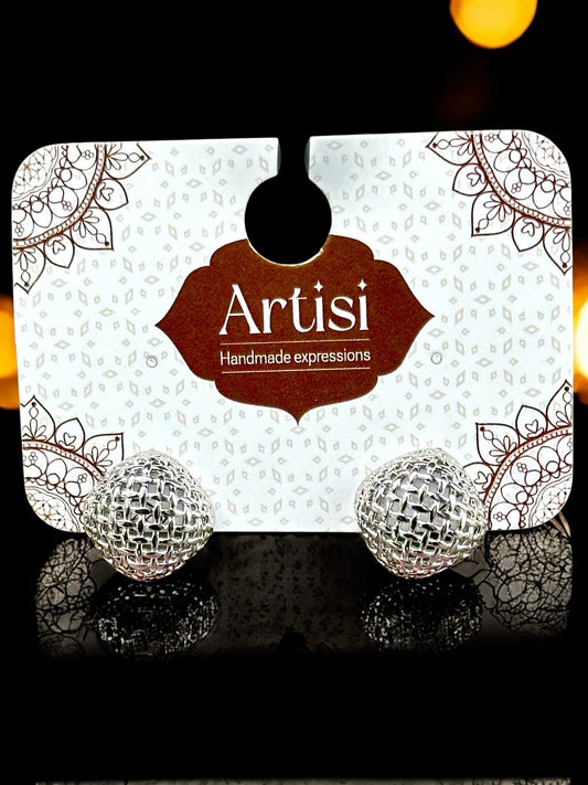 Silver Tone Cushion Stud Earrings | Mesh Design | Handmade Modern Fashion Jewellery