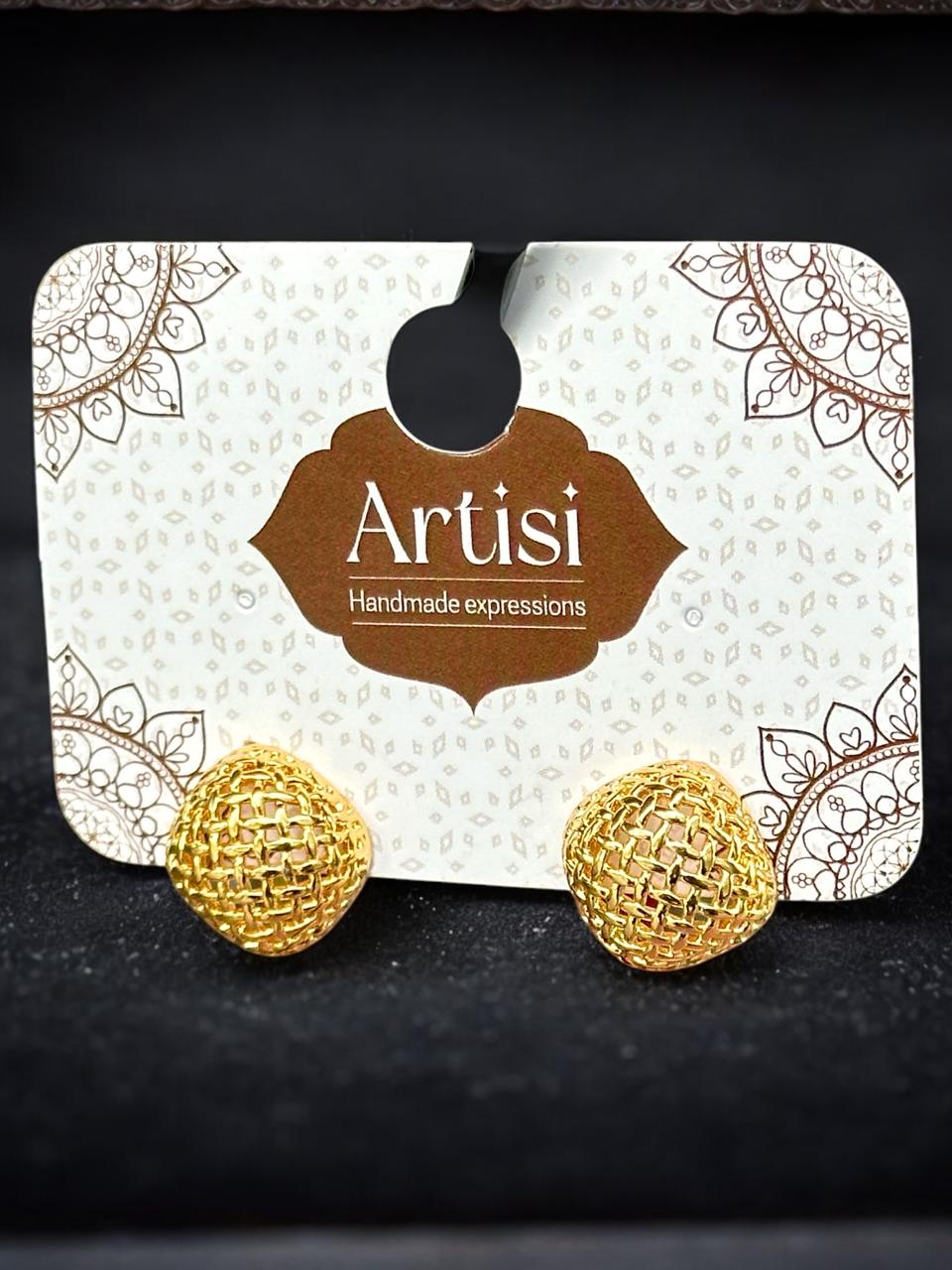 Gold-Toned Mesh Dome Stud Earrings | Textured Round Design | Handmade Fashion Jewellery